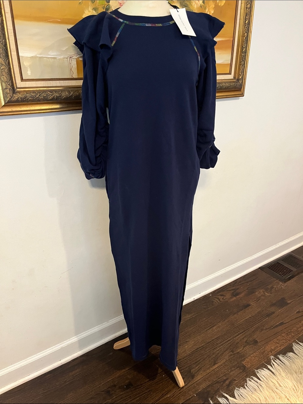 Something Navy Navy Maxi Dress with Ruffle Shoulders